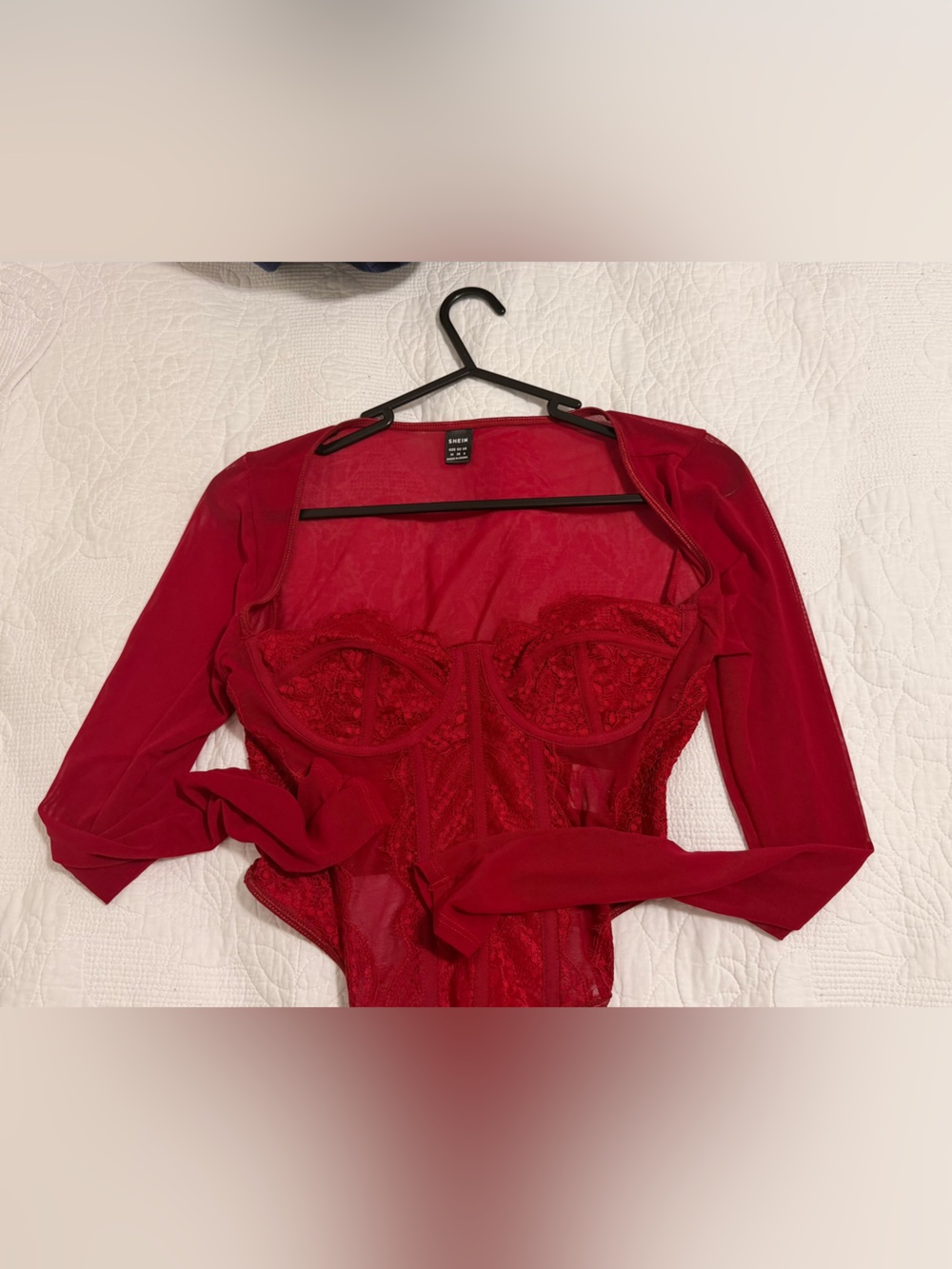 SHEIN Red Lace Long Sleeve Bodysuit